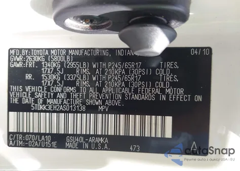 2010 Toyota Highlander Se V6 z USA, uszkodzony, nr VIN 5TDKK3EH2AS013138